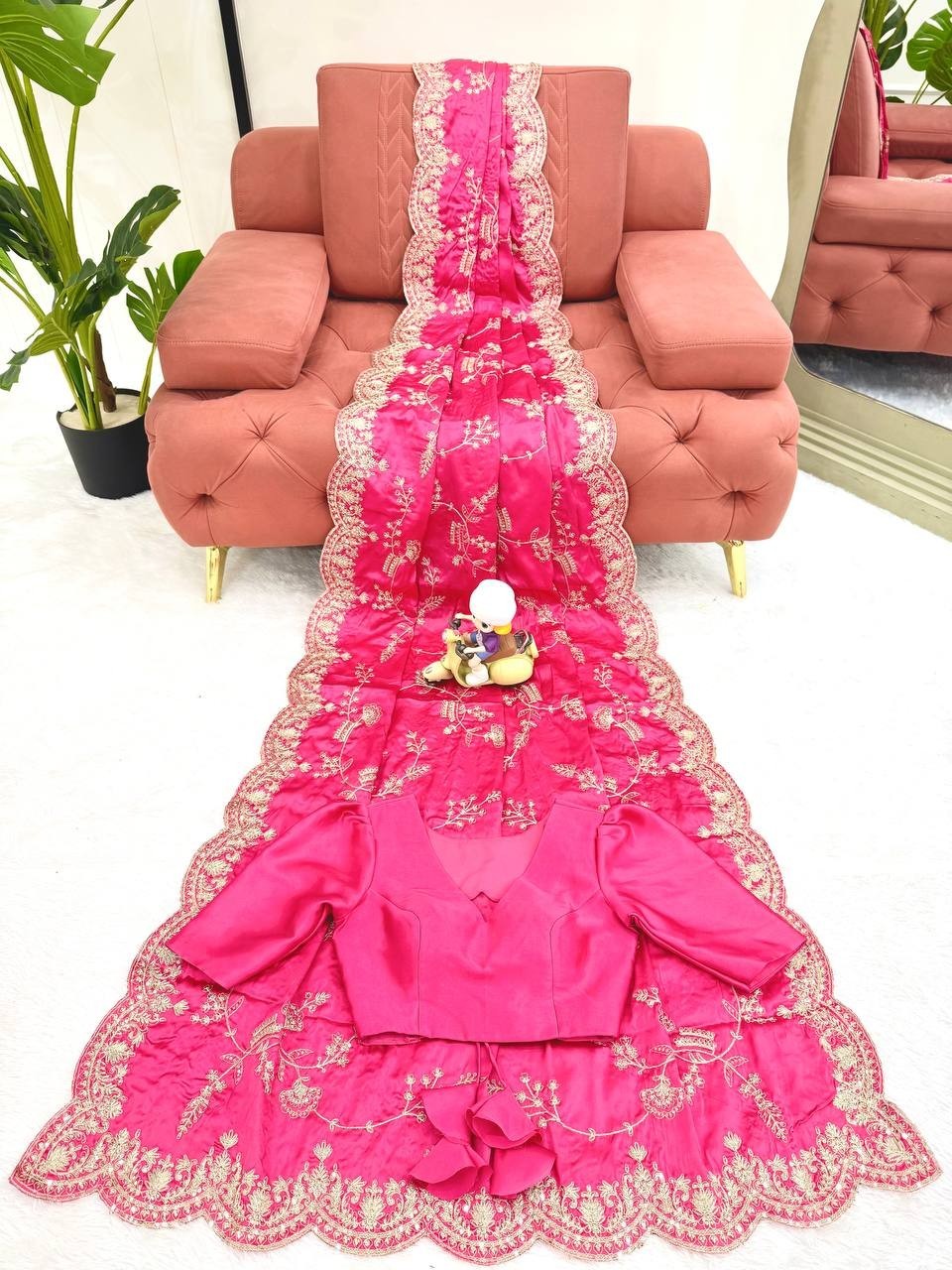 Indian Style Heavy Japan Satin Silk Pink Saree With Blouse For Wedding & party