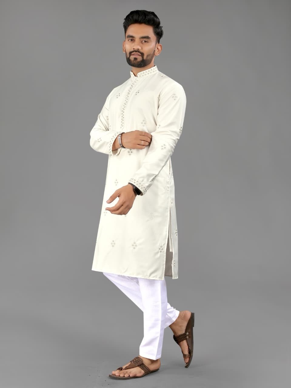 Sequin Embroidered Designer Mens Cotton Kurta With Pajama Set For Festive Wear