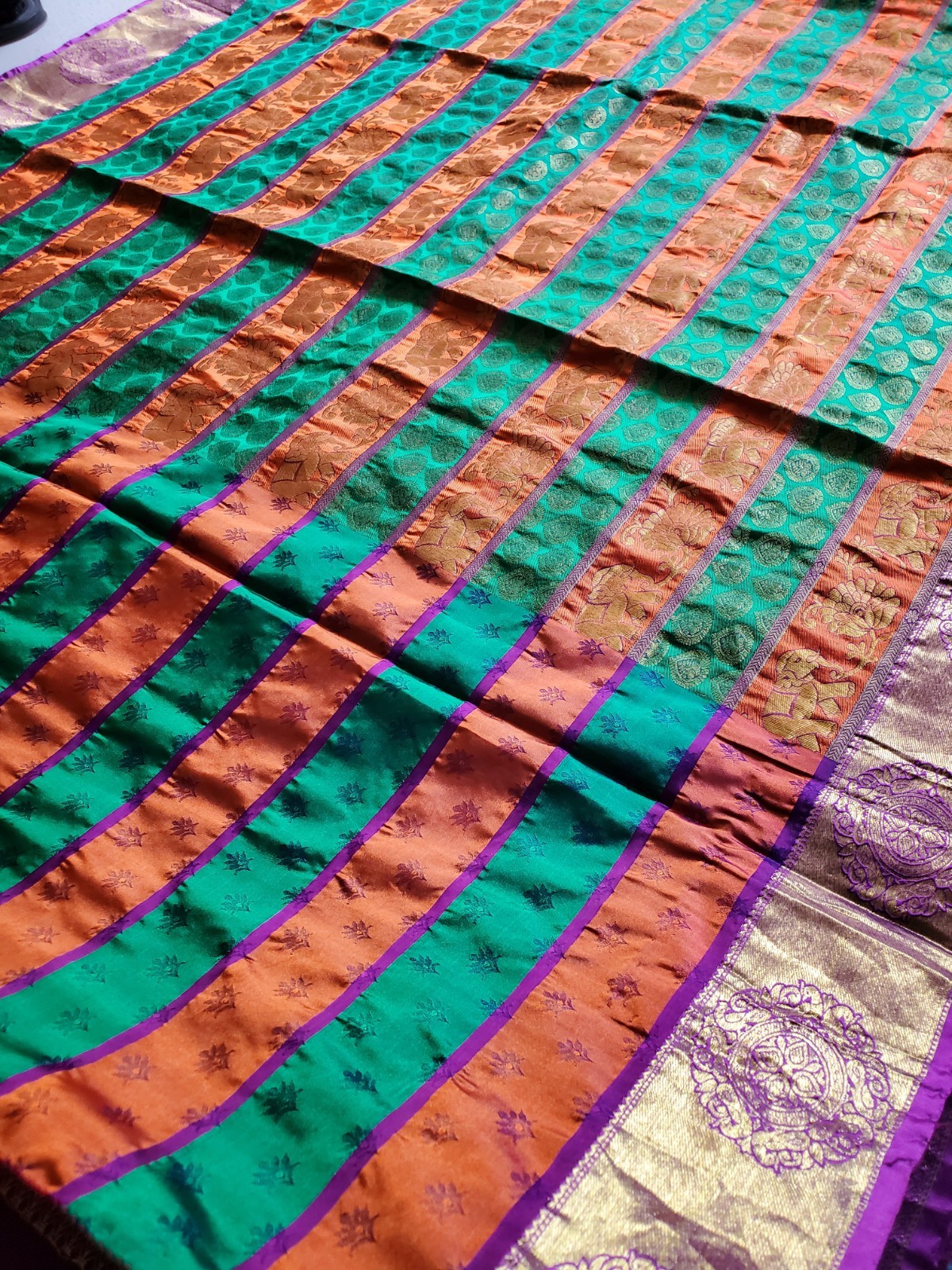 Authentic Pure Silk Dharmavaram Pure Silk Saree Horizontal Panels Green Orange