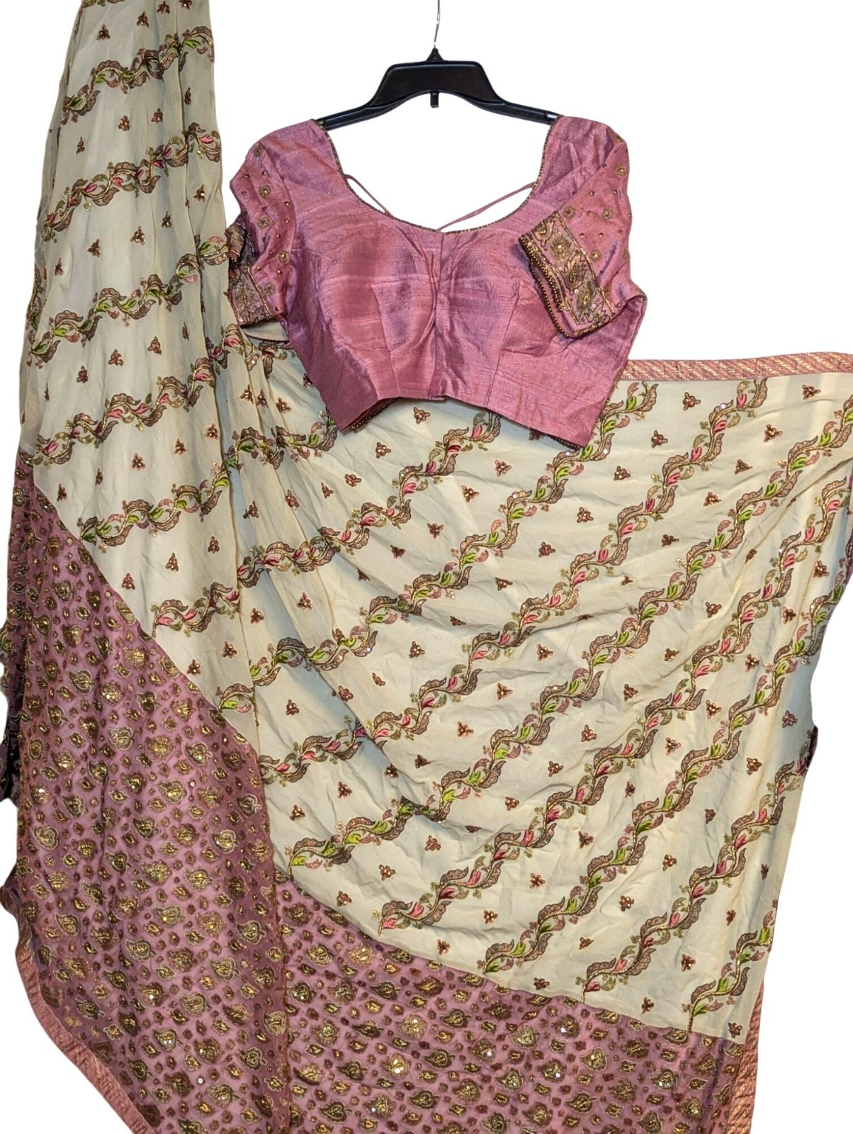 Pink & Cream Embroidered Lehenga Choli Set With Beaded Details & Tie-Back Design
