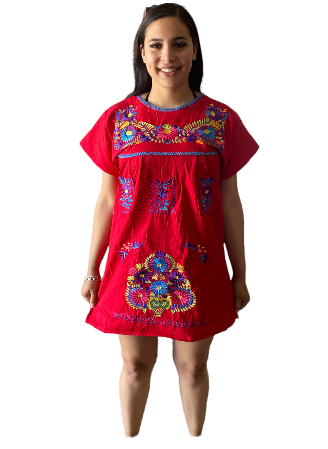 MEXICAN MINI TUNIC DRESS , SIZE SMALL , EMBROIDERED , MEXICO ,PUEBLA , RED