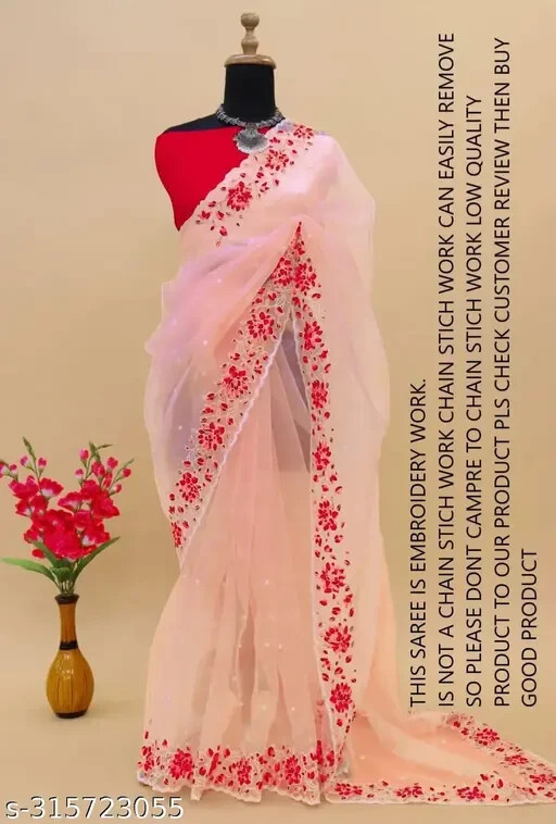 WOMEN SUPER NET FABRIC FLORAL EMBROIDERY WORK SARI WITH BLOUSE