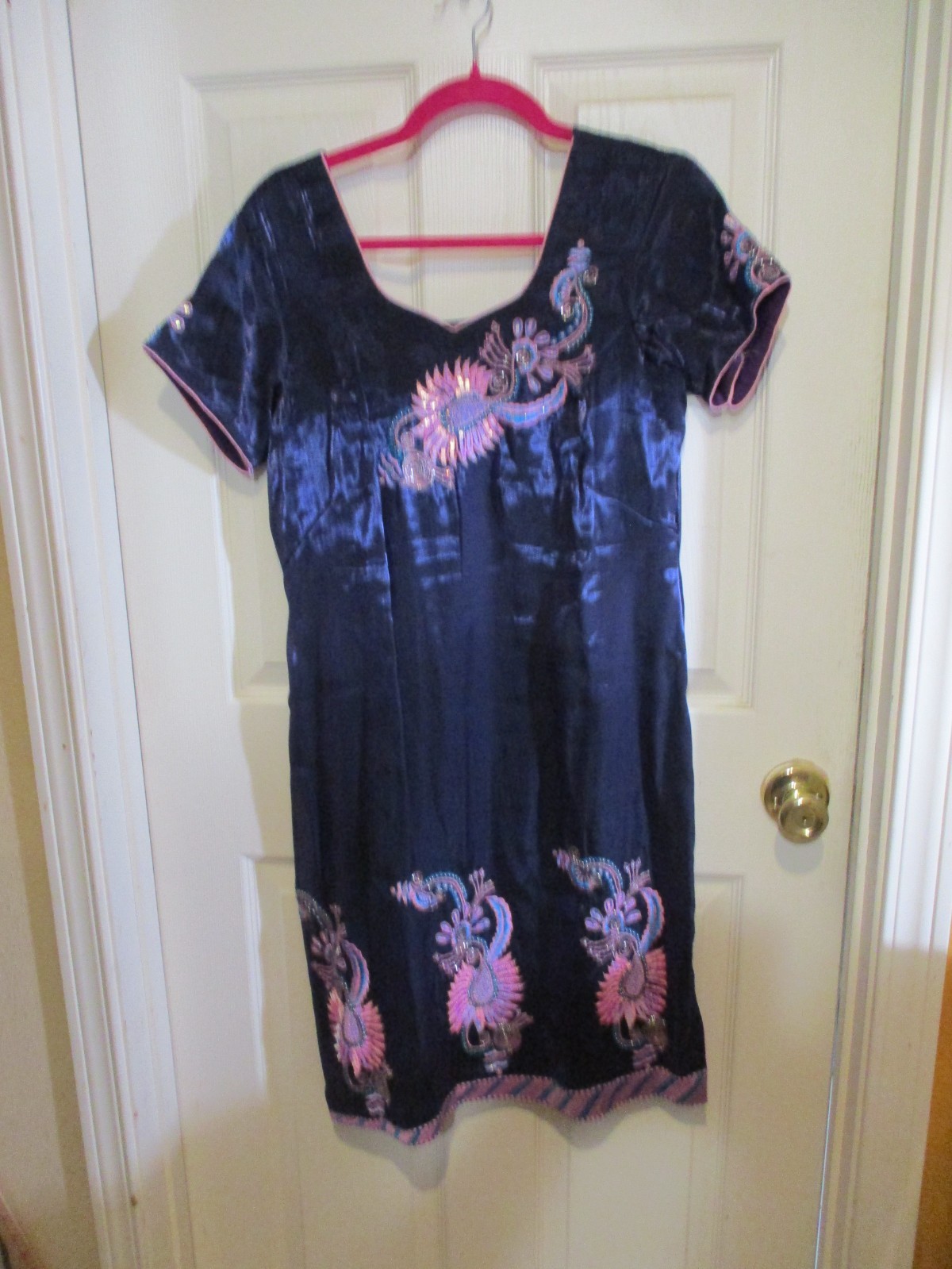 Ethnic East Indian Purple Satin Dress Kurta Embellished Pink Blue Design- Small