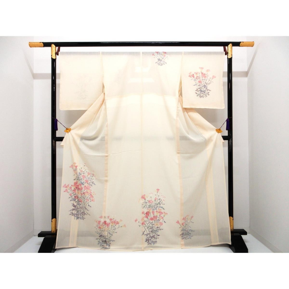 Authentic [Unused] JAPANESE Summer Kimono, Ro-ori (thin silk fabric), Yuzen …