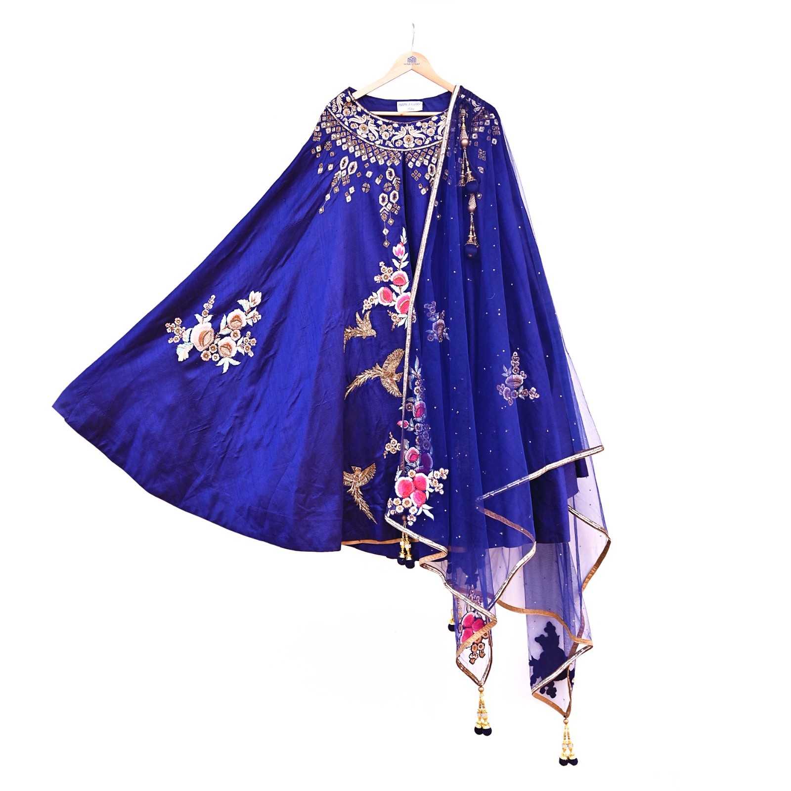 Deep Blue Raw Silk Heavy Hand Embroidered Anamika Khanna Bridal Lehenga 2pcs Set