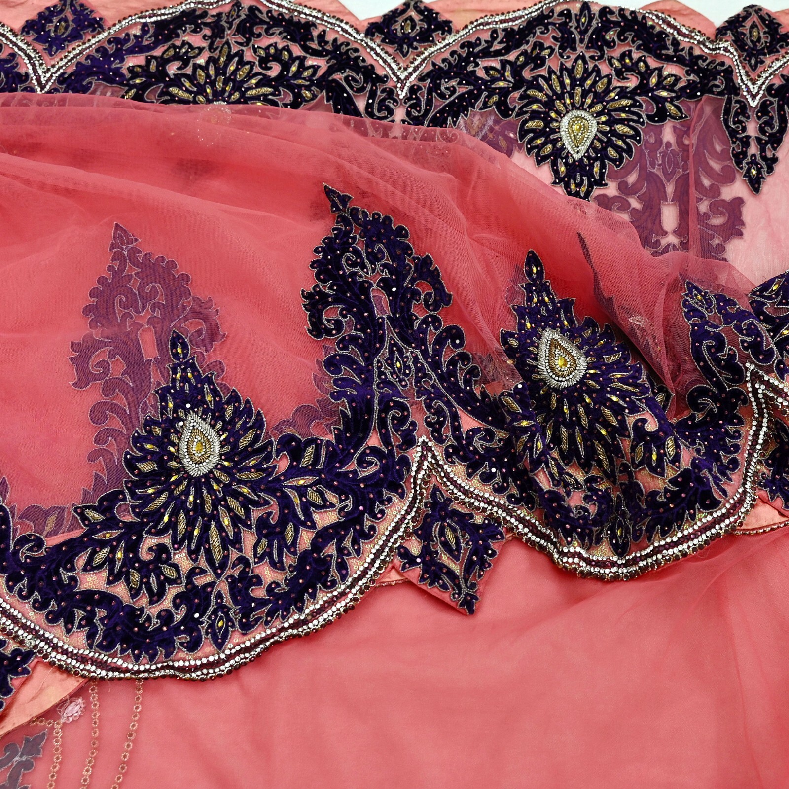 Vintage Heavy Sari Peach Net/Mesh Hand Embroidered Sarees Craft Fabric 5Yd