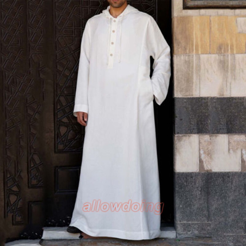 Mens Saudi Jubba Dishdasha Muslim Long Sleeve Hooded Kaftan Cotton Maxi Thobe