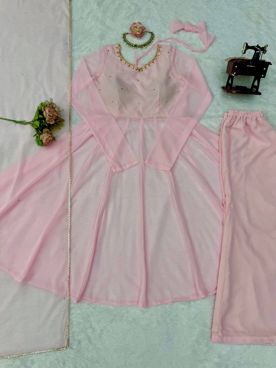 Women Pink Georgette Anarkali Kurti Palazzo Set Indian Salwar Kameez Suit