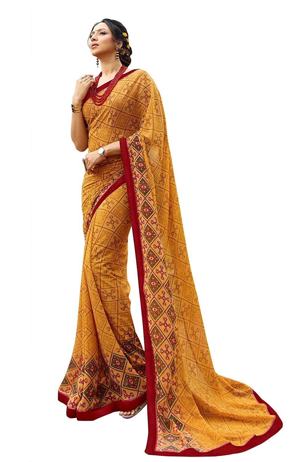 Women’s Georgette Printed Sarees Jacquard Lace Border Work With Blouse Pc Yellow