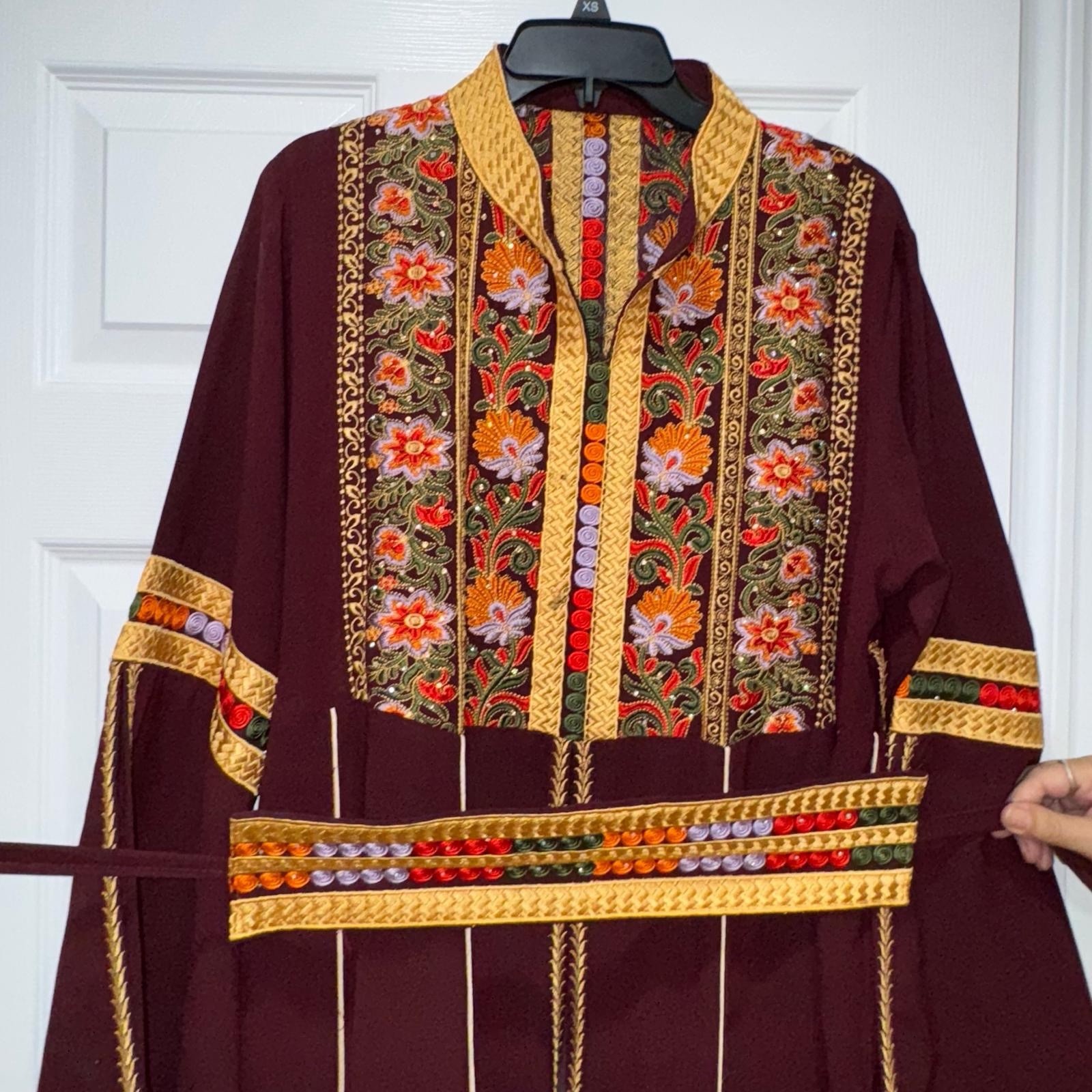 Middle Eastern Thobe Dress Maroon Embroidered Floral Multi-Color Women