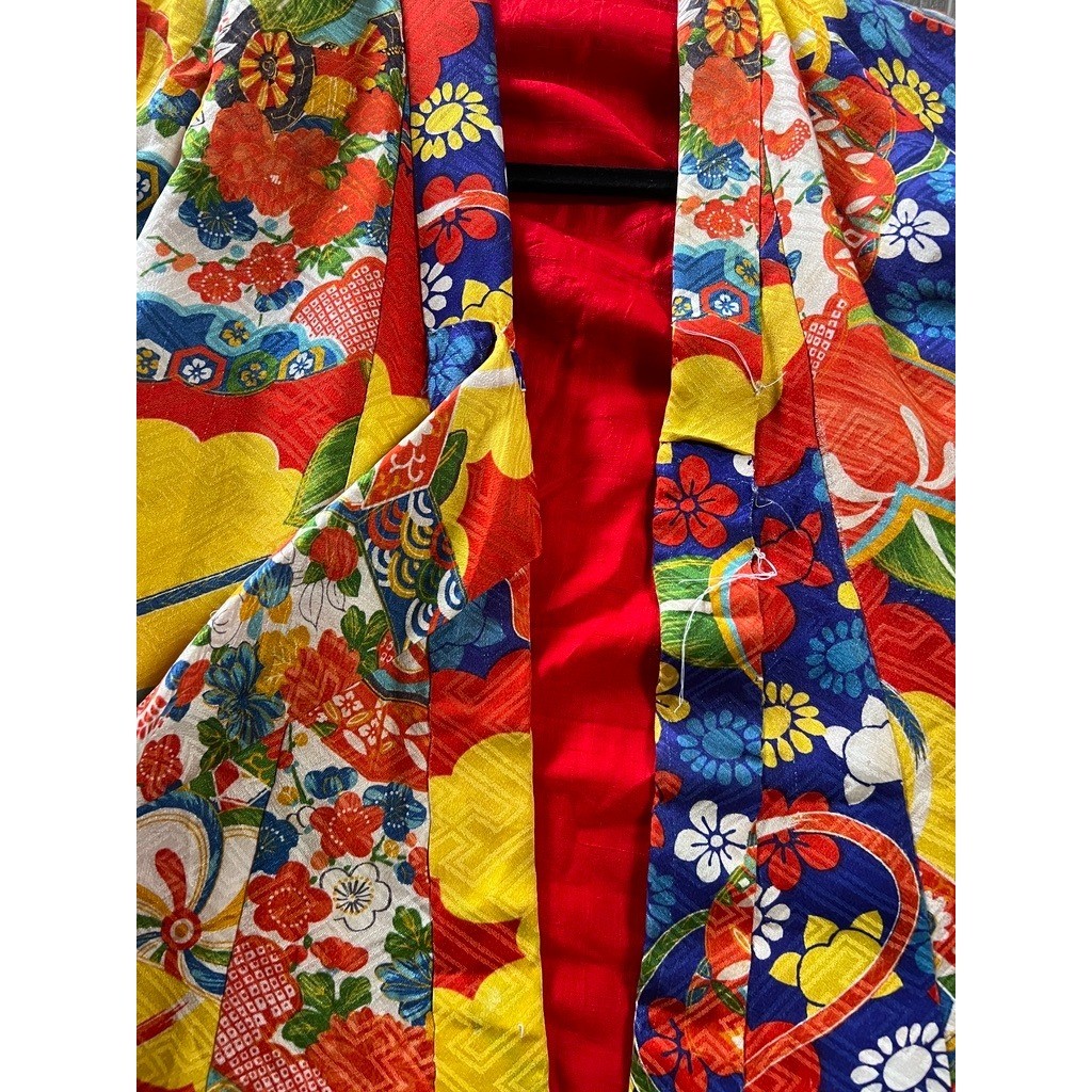 Vintage 70s Handmade Kimono Robe Japanese Childrens Multicolor Floral Fruit