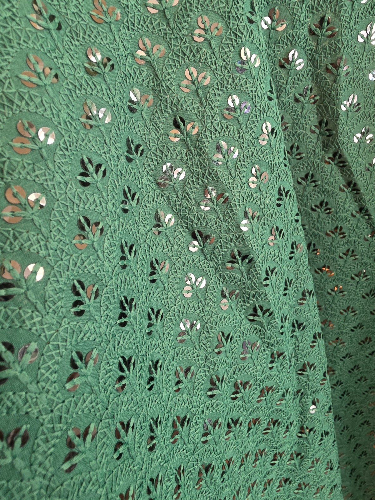 Sequin Embroidered Green Cotton Kurta Tunic Dress Size 46 Boho Festival India