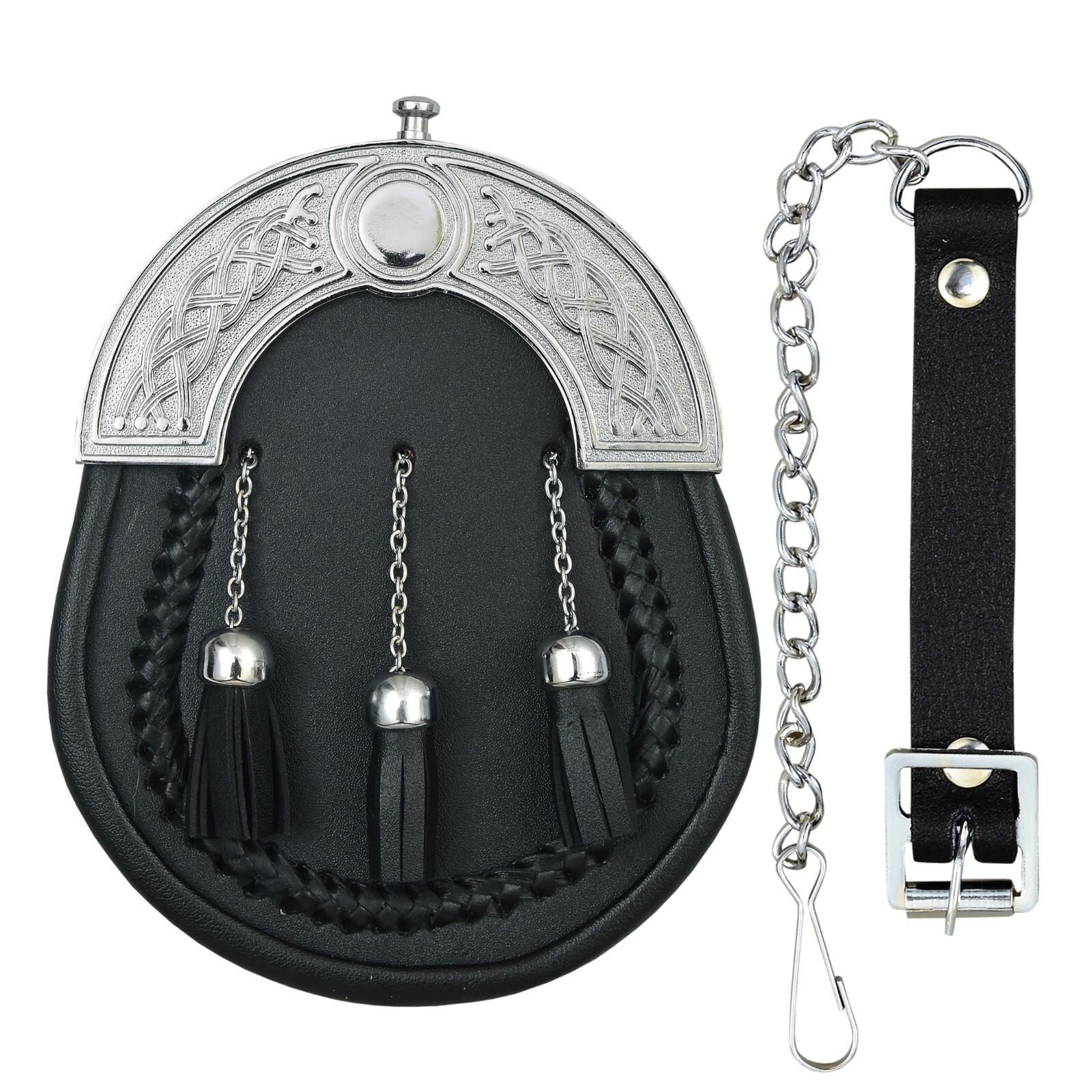 Full Dress Leather Sporran with Chain Tassels with sporran Belt and Straps