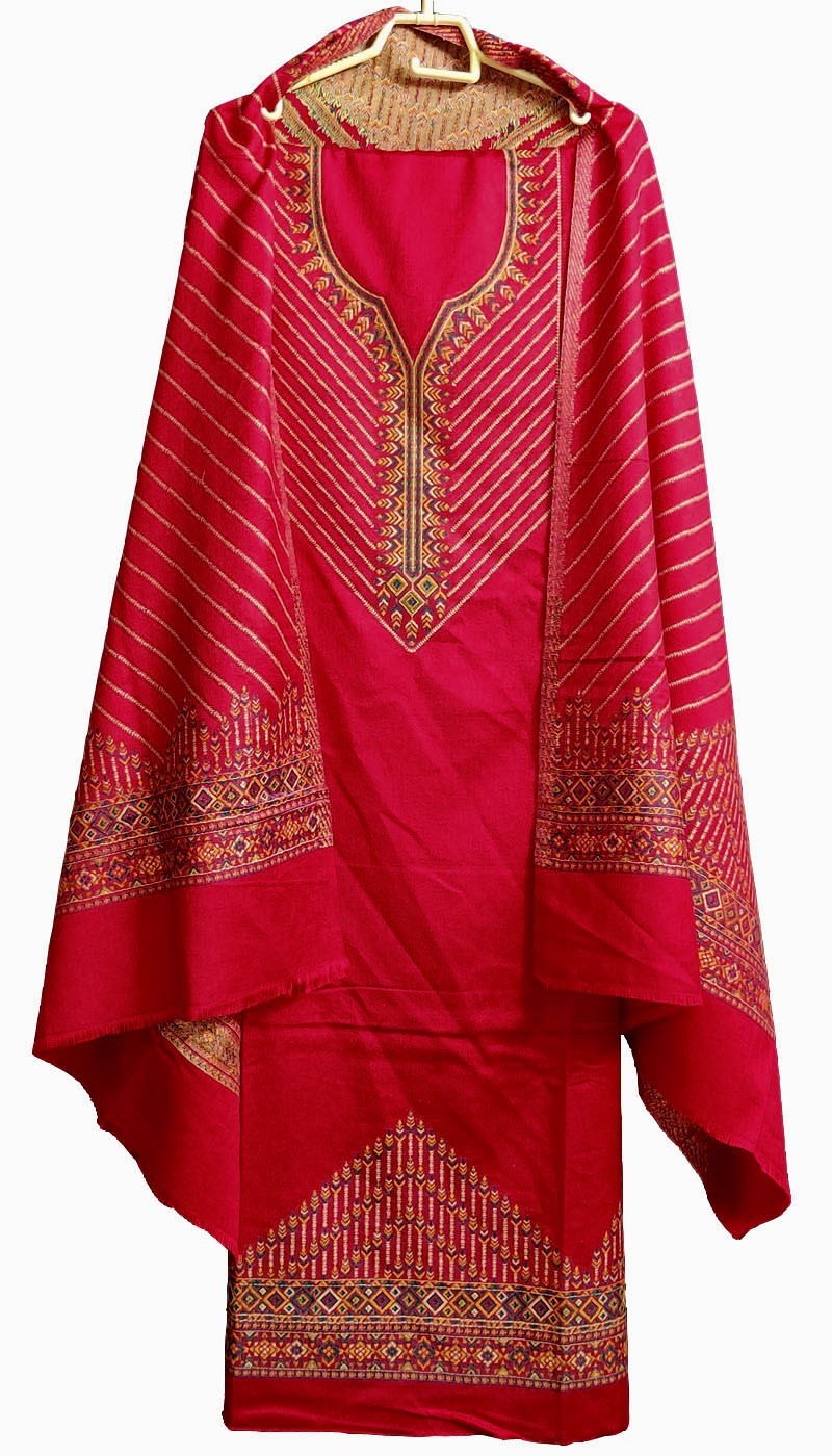 RED KASHMIRI KANI WEAVING WOOL INDIAN PAKISTANI SALWAR KAMEEZ SHAWL SUIT SNJ