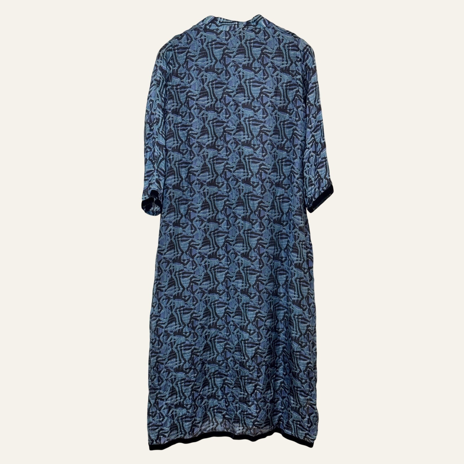 Vintage Y2K Silk Kaftan Tunic Women’s L Teal Abstract Print Velvet Trim Lined