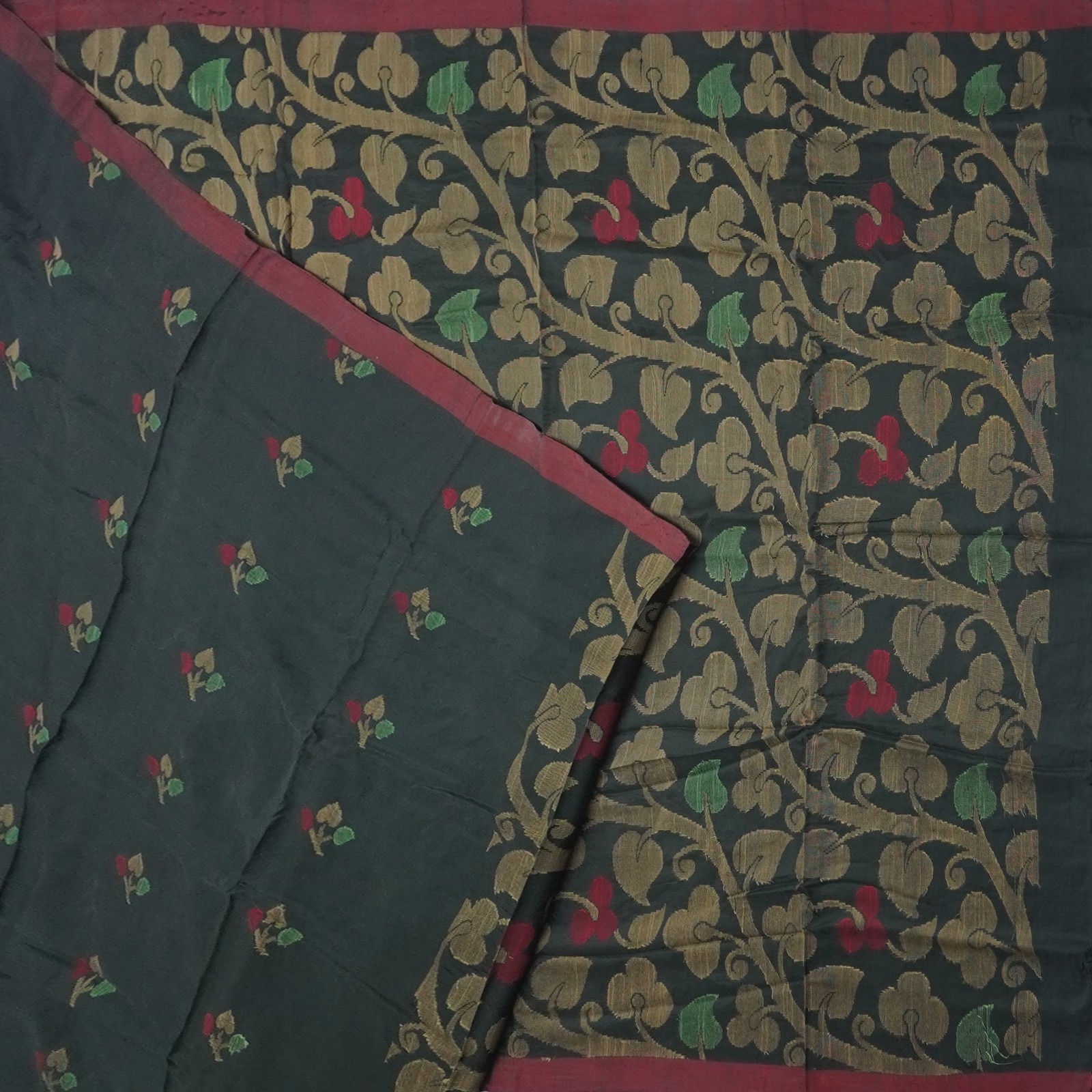 Vintage Black Sarees 100% Pure Silk Handwoven Floral Sari 5YD Decor Craft Fabric