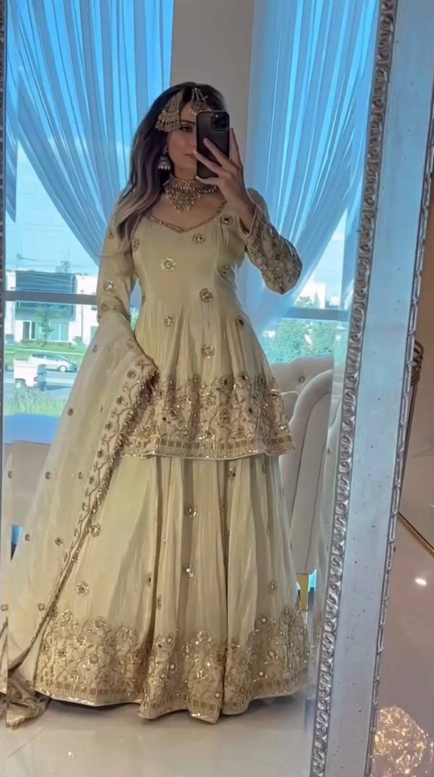 Beautiful Heavy Chinon Silk Cream Top Lehenga With Dupatta For Wedding Wear