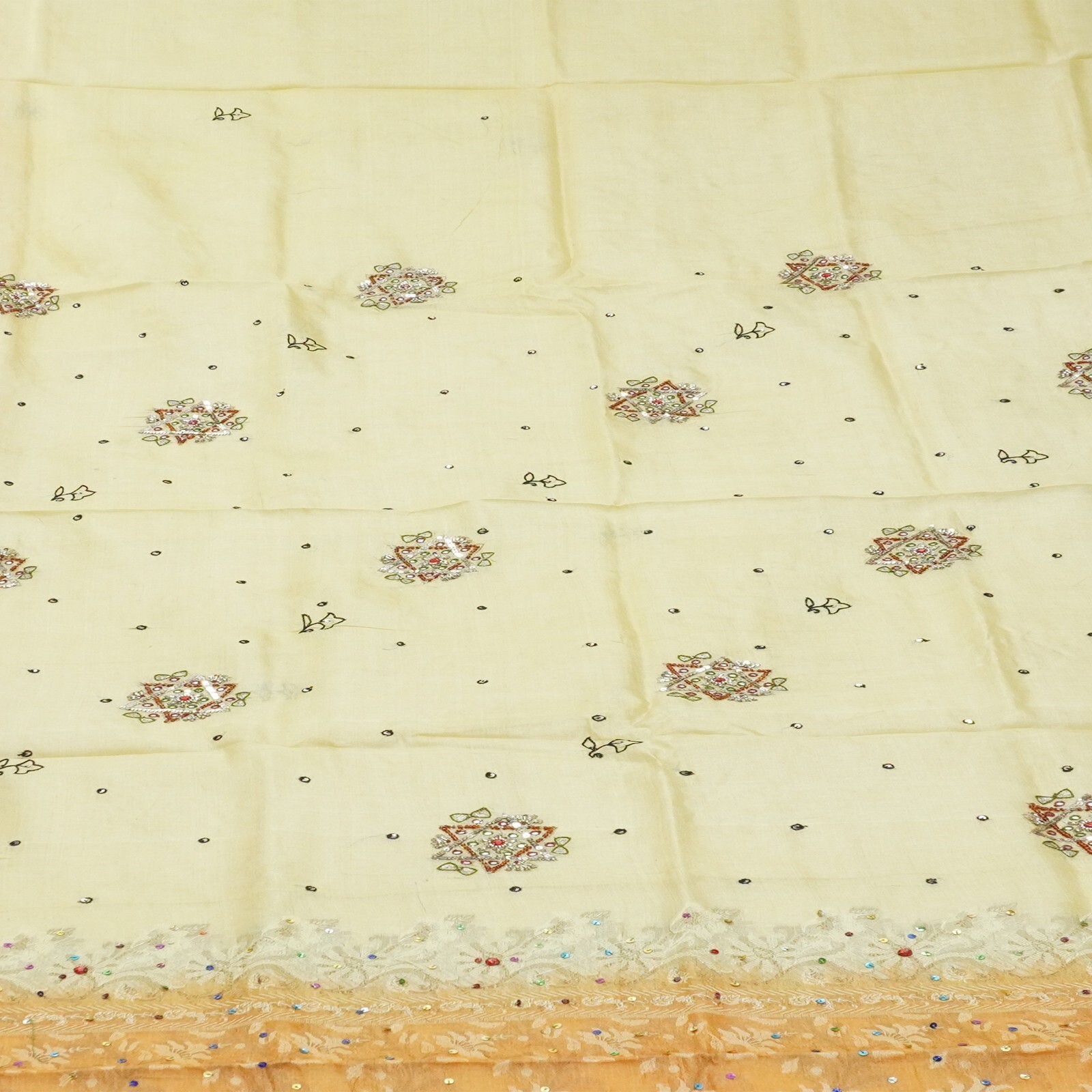 Vintage Cream Sarees 100% Pure Silk Woven Sequins Embroidered Sari 6YD Fabric