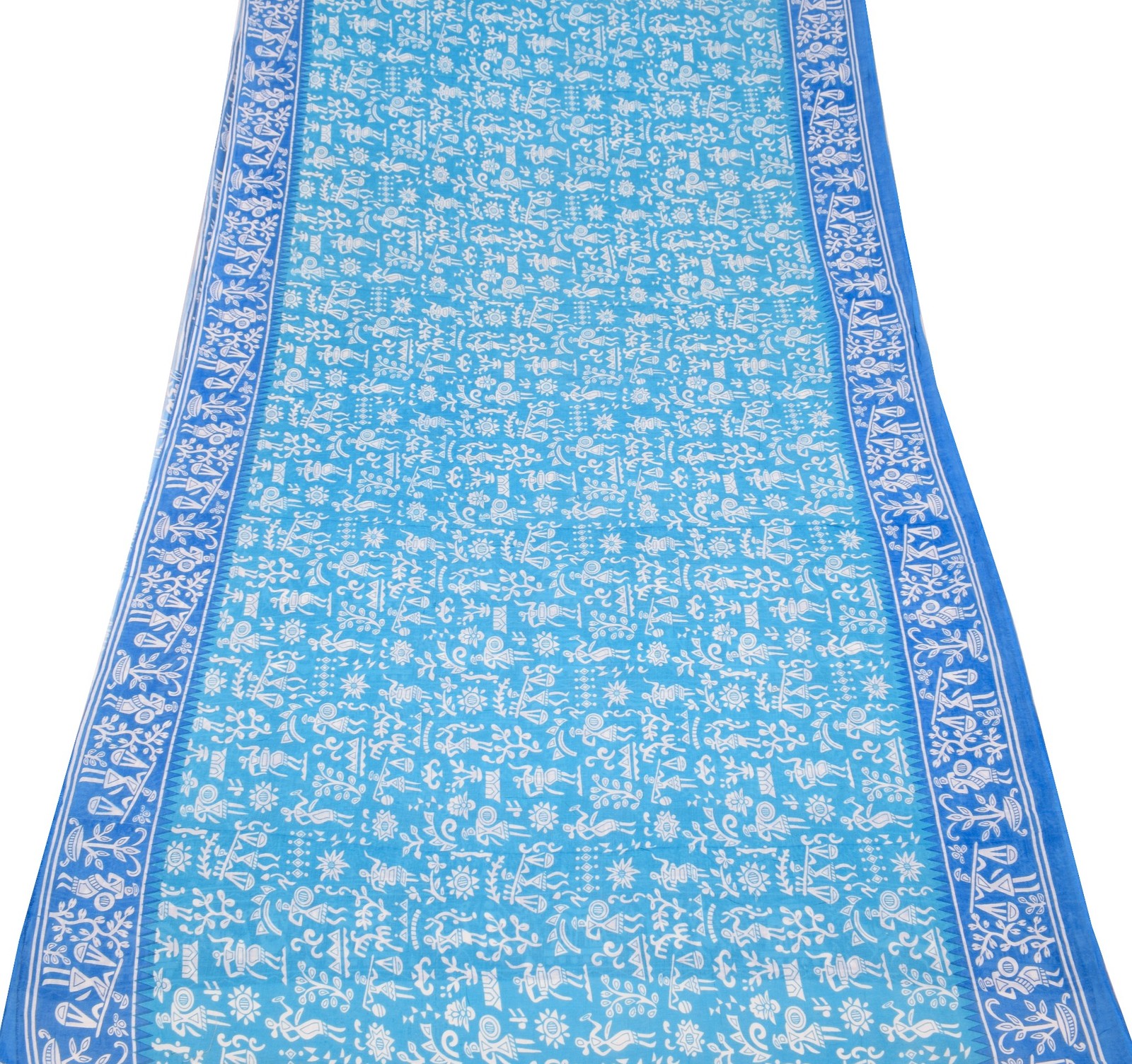 Sushila Vintage Sky Blue Saree Pure Cotton Warli Printed Sari Soft Craft Fabric