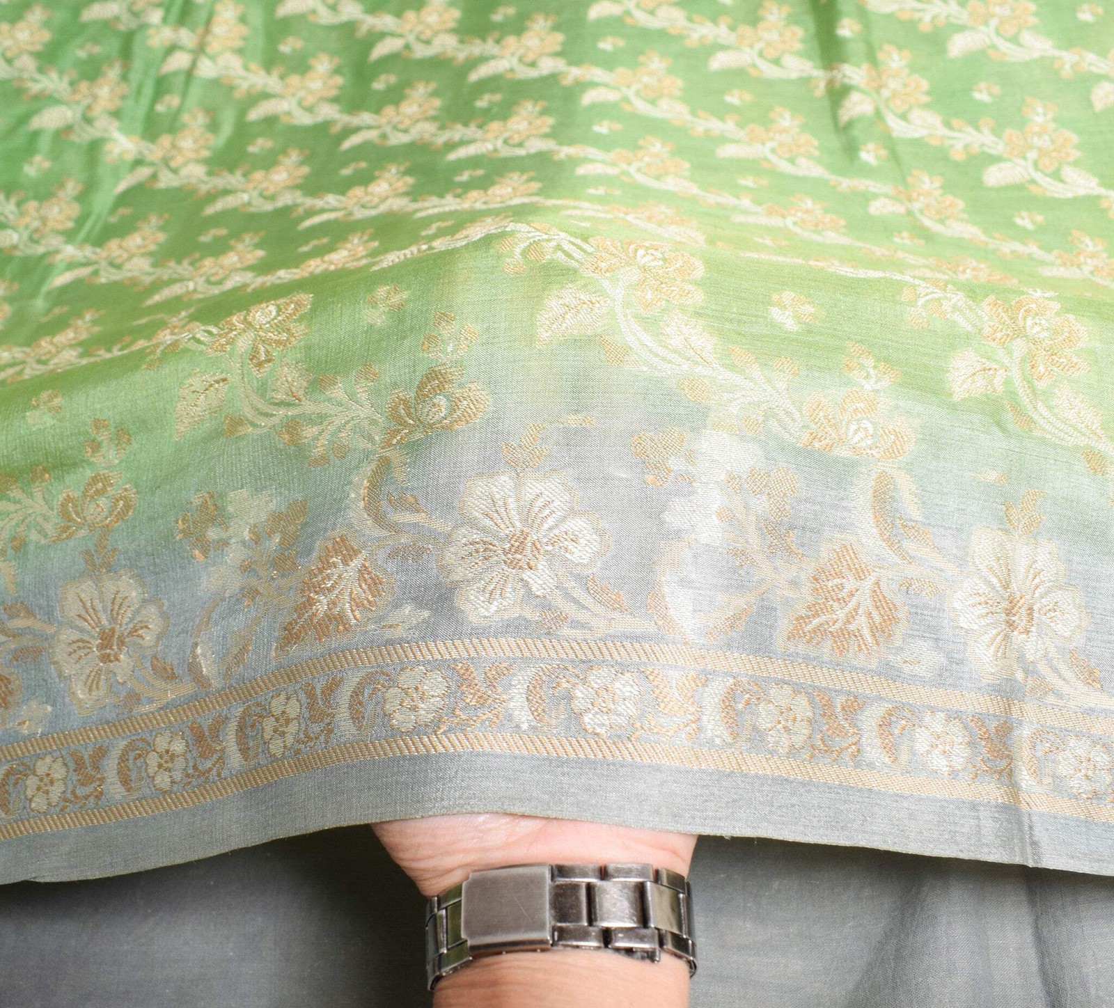 Sushila Vintage Green & Gray Saree Floral Woven 100%Pure Tussar Silk Sari Fabric