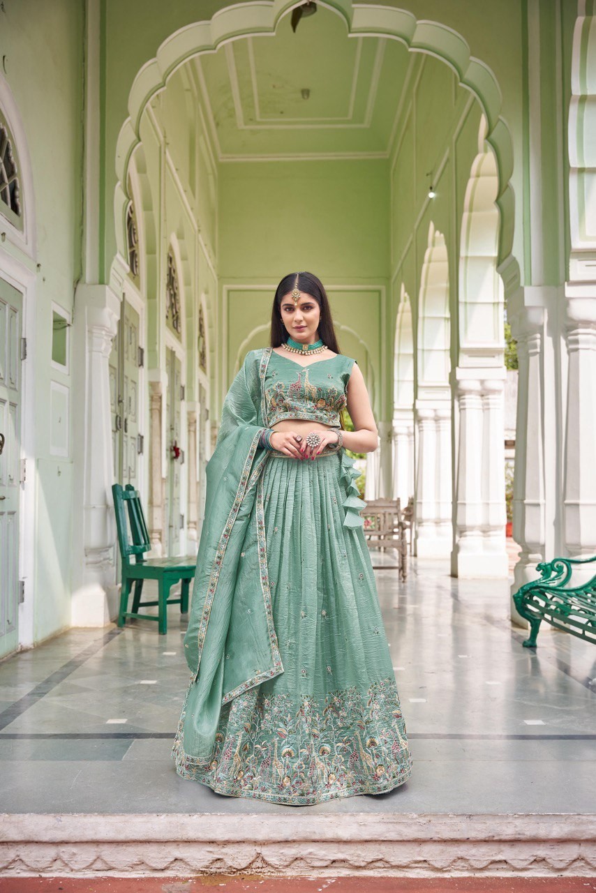 Indian Style Gold Crush Lehenga Choli With Dupatta For Engagement Wear
