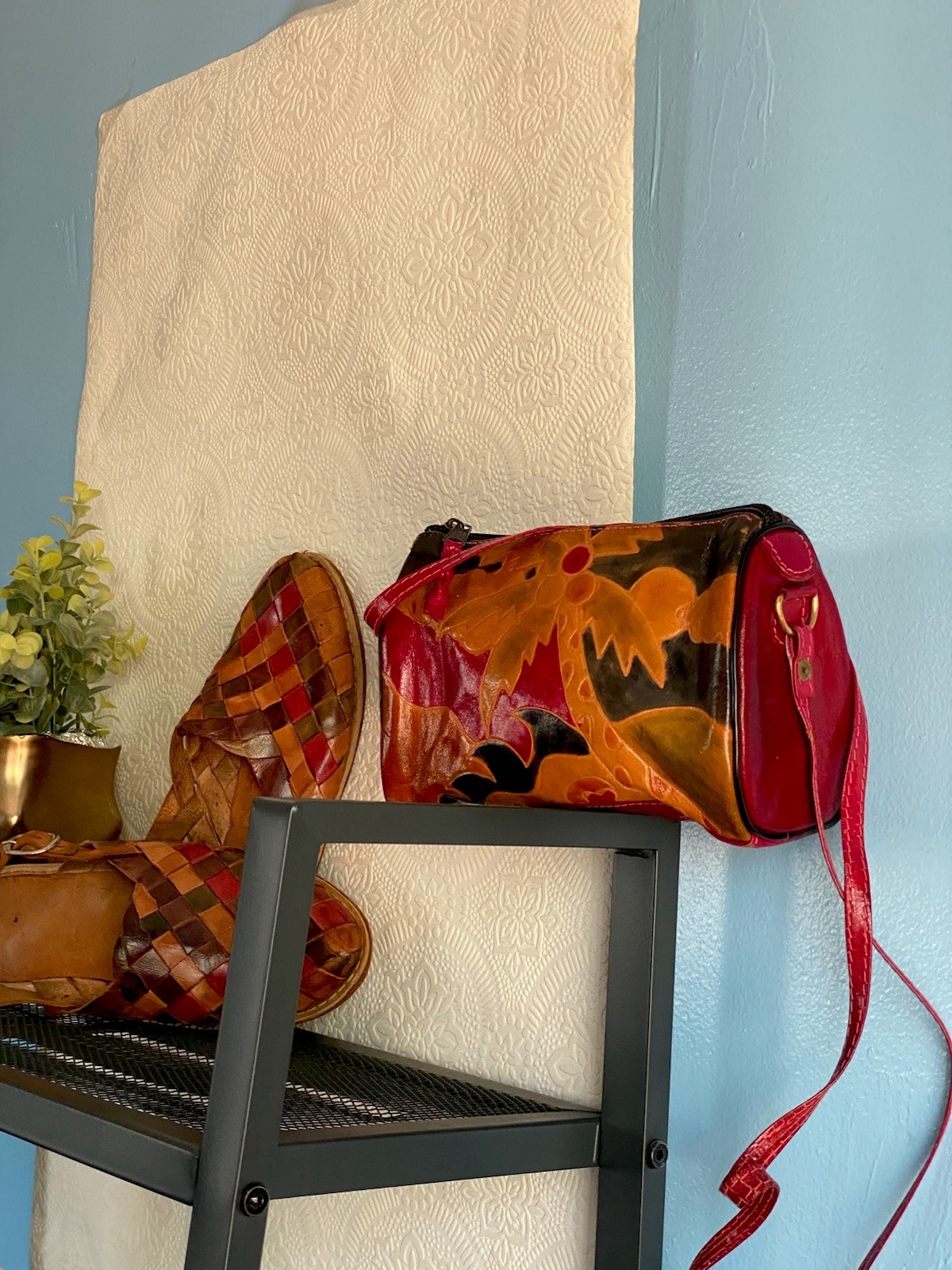 Peculiar HANDMADE LEATHER Bag and Sandals 7M Boho Style, Red Brown Orange.