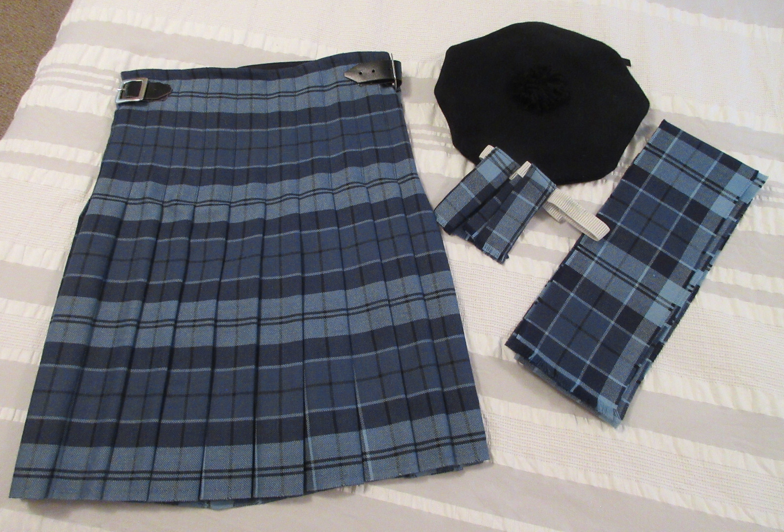 The Shirley Family Plaid Tartan Kilt, Sash, Flashes, Tam, Size 32″, Length 23″