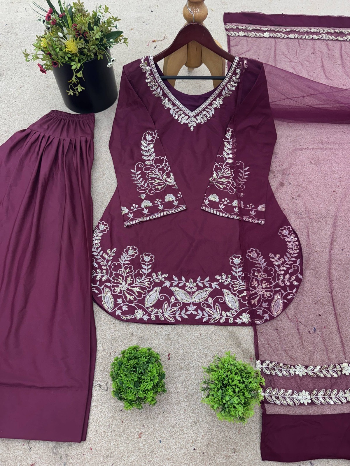 Stylish Pure Natural Crep Silk Wine Top Bottom With Dupatta For Wedding Wear