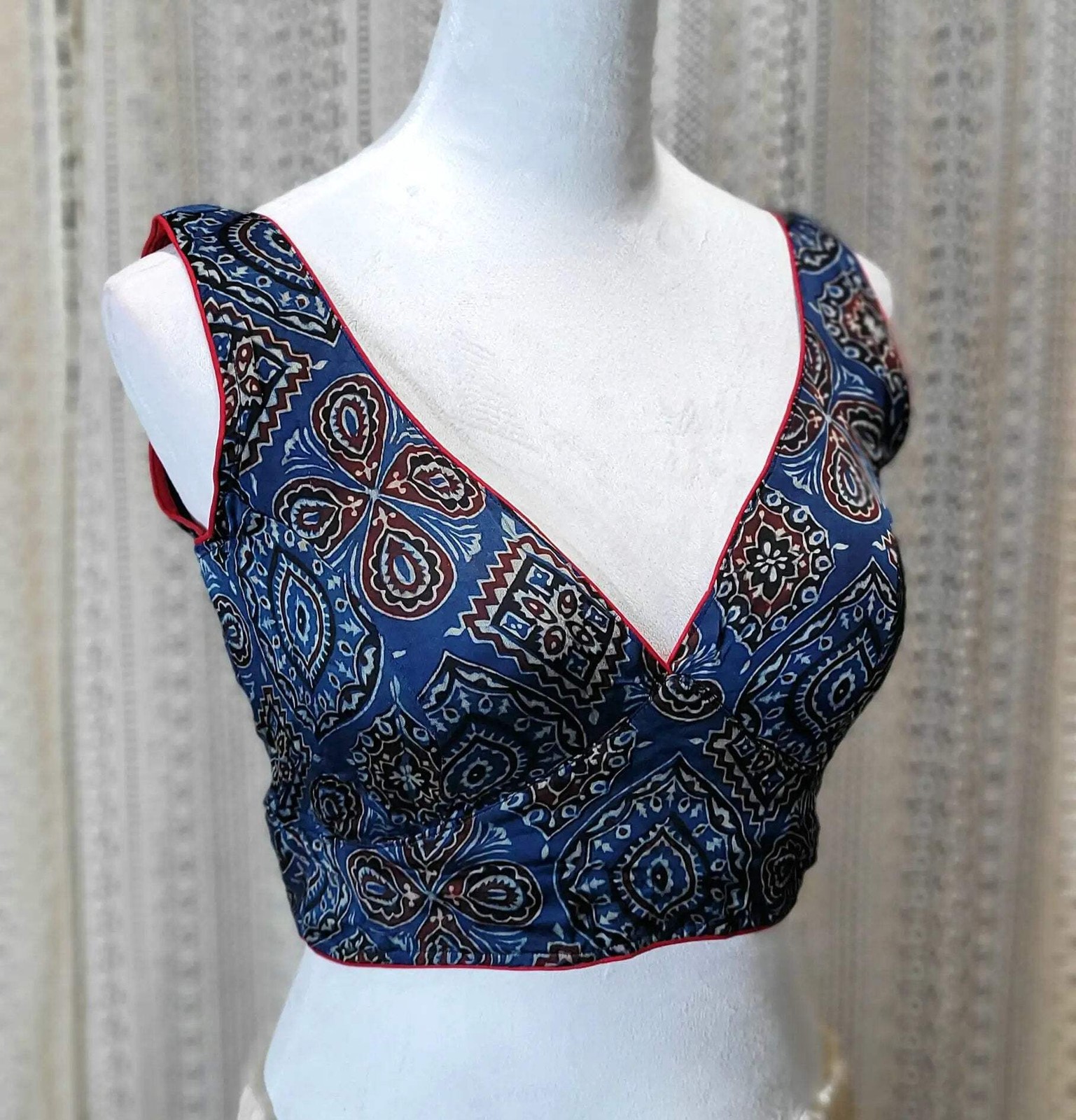 Ajrak Modal Silk Sleeves Plunge Neck Blouse | Stylish Ethnic Wear | Indian Silk