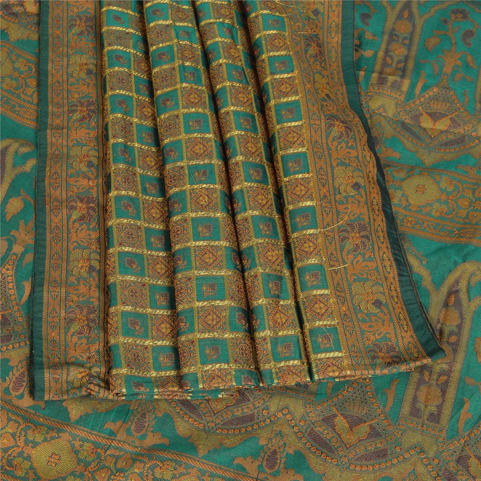 Sanskriti Vintage Rama Green Sarees Artificial Silk Hand- Woven Sari Fabric