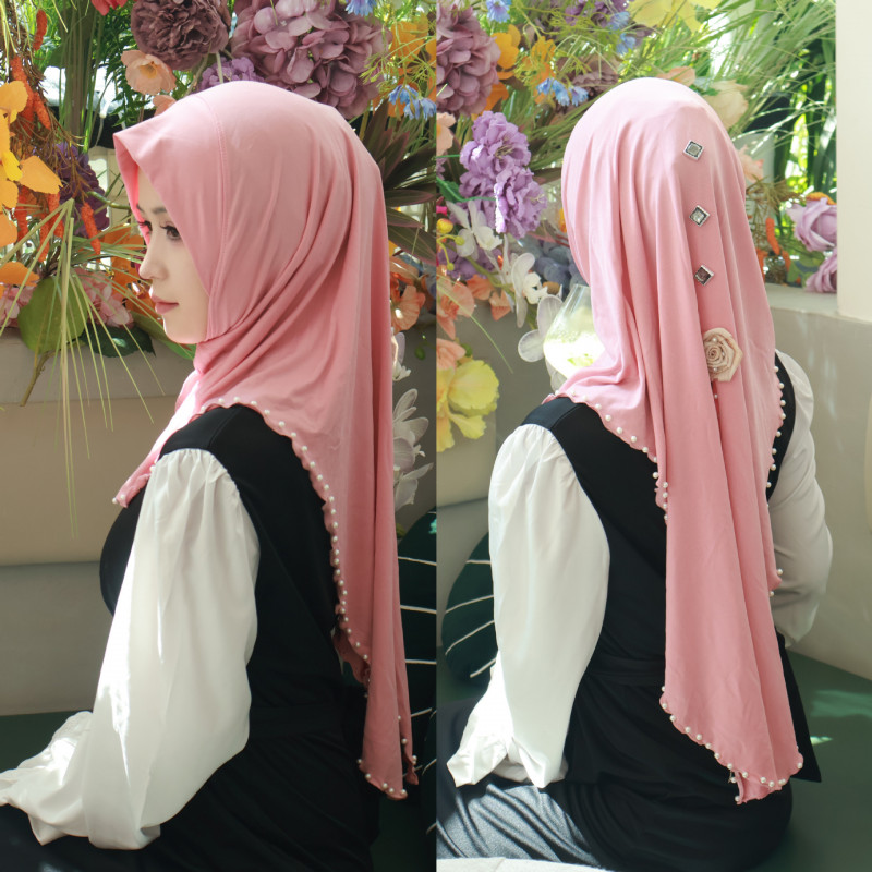 Muslim High End Rose Pearl Solid Color Shawl Headscarf Shayla Chador Scarf Hat