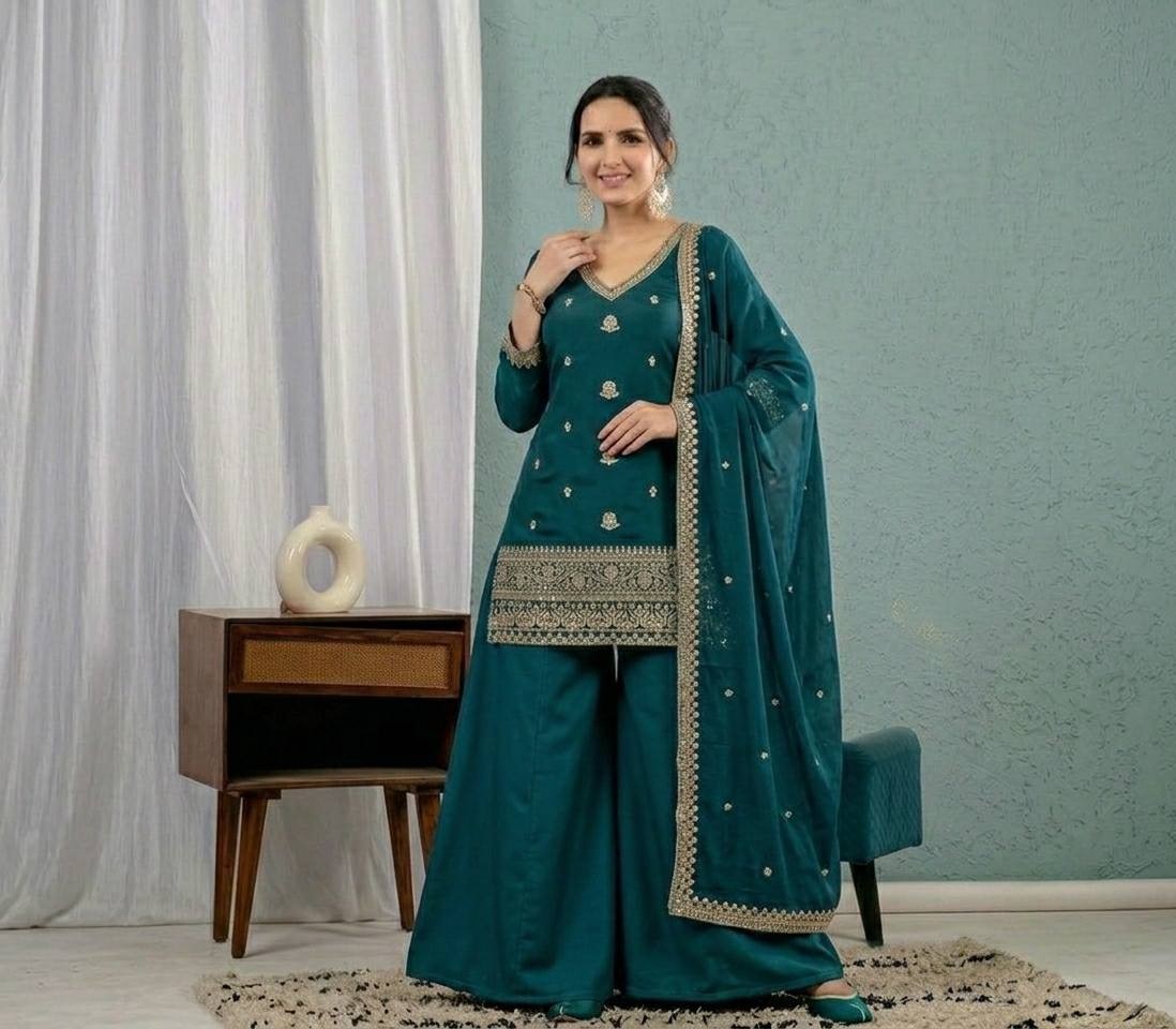 Stylish Look Roman Silk Teal Green Top Palazzo With Dupatta For Wedding Wear