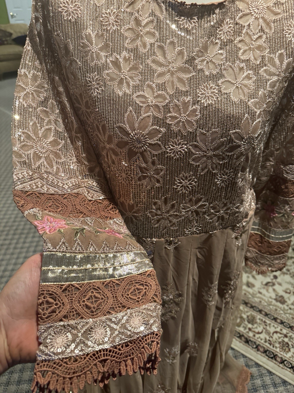 Pakistani Indian Designer Shalwar Kameez Maxi Dress Wedding Bridal Lace Sequin L