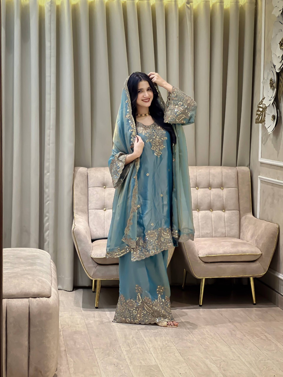 Pakistani Multi-Gold Embroidered Salwar Kameez Ready To Wear Party Wedding