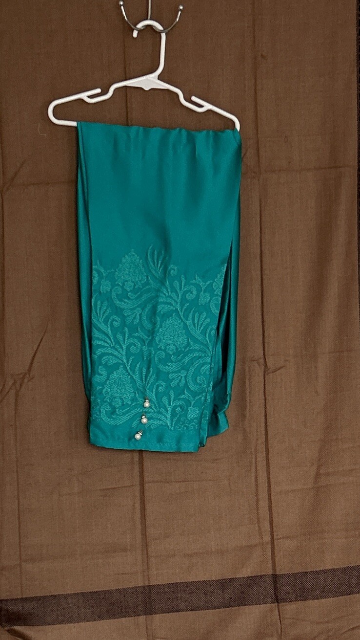 Pakistani Satin Silk Pearl Emb Pant Size-M L-38in Btm-7in Hip-44in Color-green