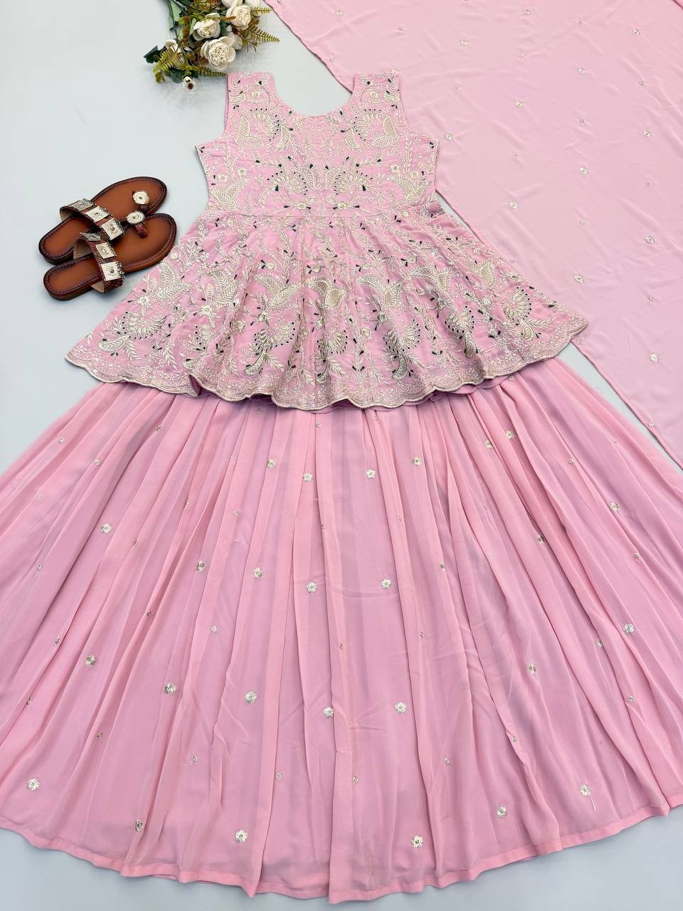 Unique Designer Pink Faux Georgette Silk Top Lehenga With Dupatta For Wedding
