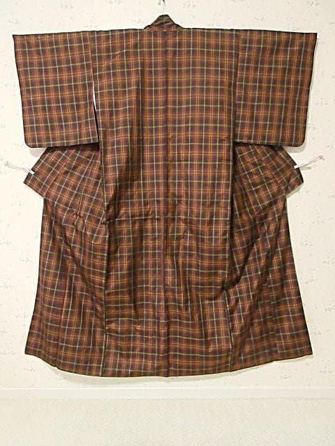 Kimono Tartan Check Silk Robe Size 9 Elegant Coffee Wine Ochre AllSeason Vintage