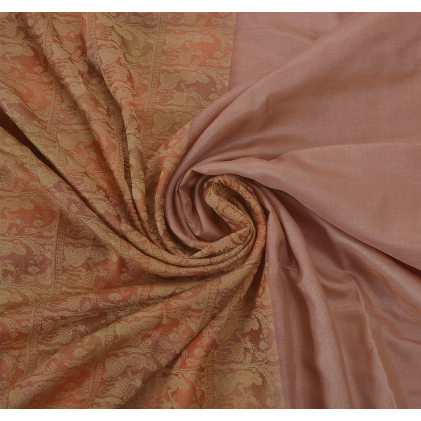 Sanskriti Vintage Pink Saree Pure Silk Woven Baluchari 5 Yd Fabric Craft Sari