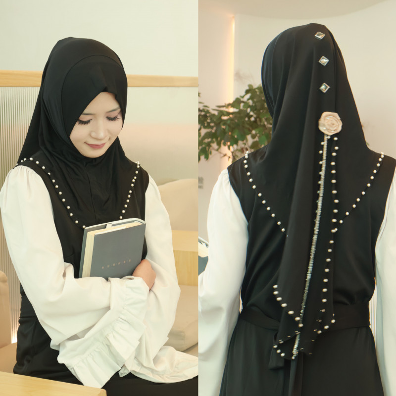 Muslim High End Rose Pearl Solid Color Shawl Headscarf Shayla Chador Scarf Hat