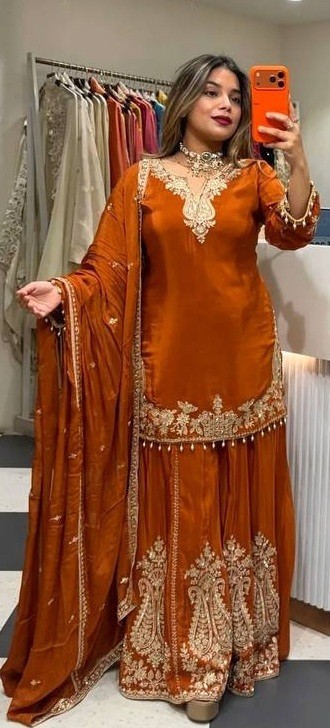 Natural Crepe Orange Top Palazzo With Dupatta For Indian Wedding Wear