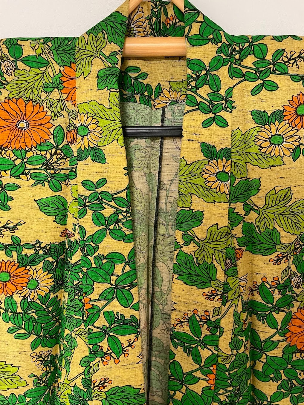 Vintage Kimono Tsumugi Pure Silk Chrysanthemum Yellow Green Japanese Traditional