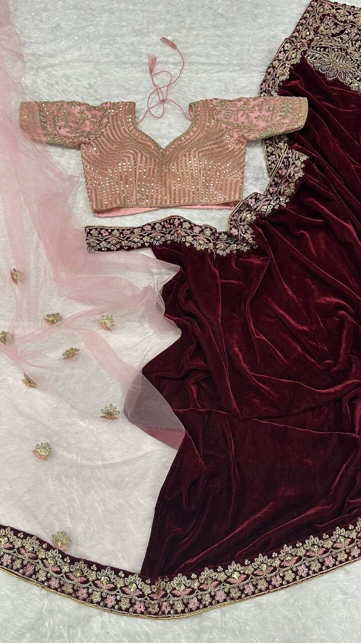 Party Wear Maroon Velvet & Net Saree With Net Blouse For Women & Girls