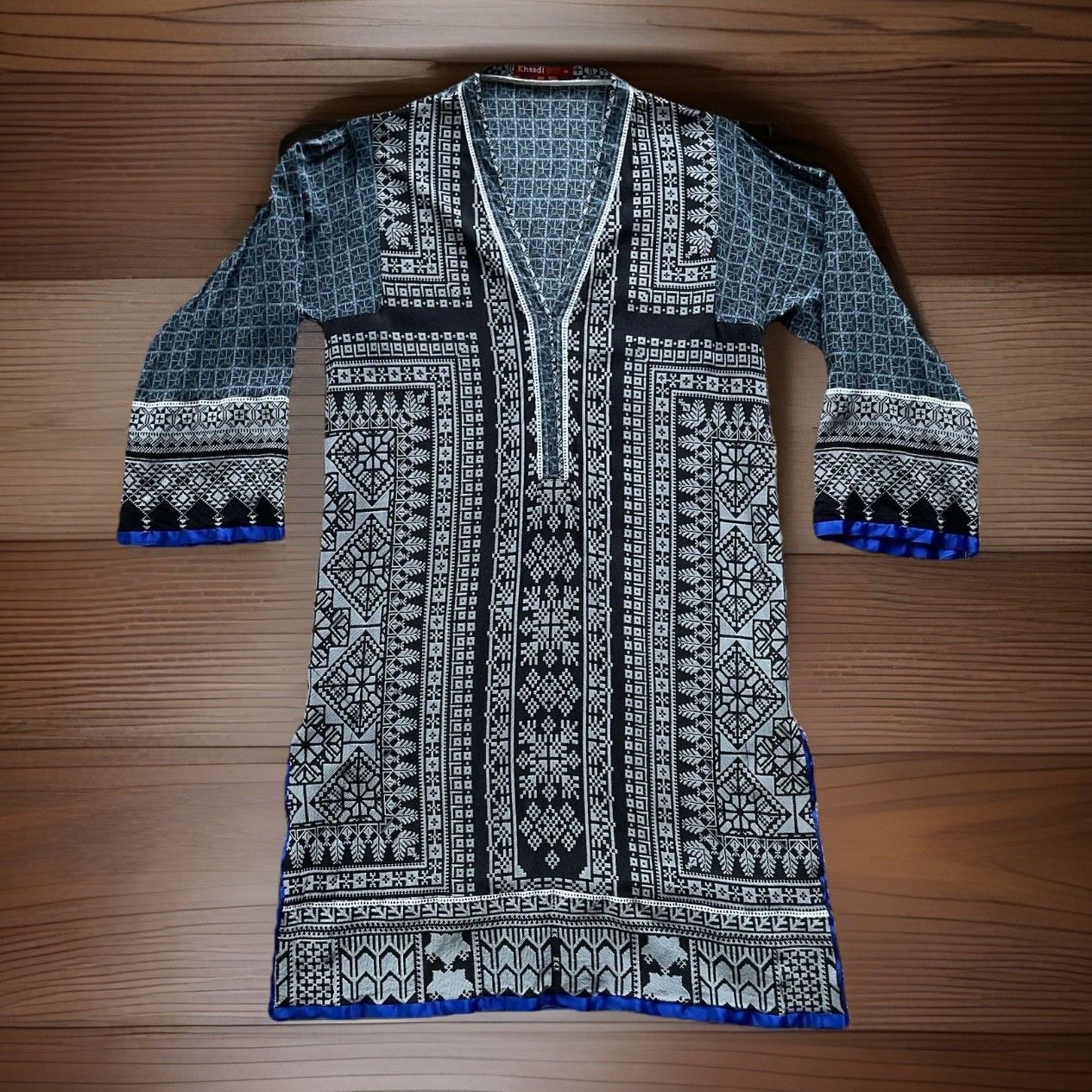 KHAADI PRET Women’s 12 (Fit Small) Black Gray Geometric Blue Satin Tunic Kurta