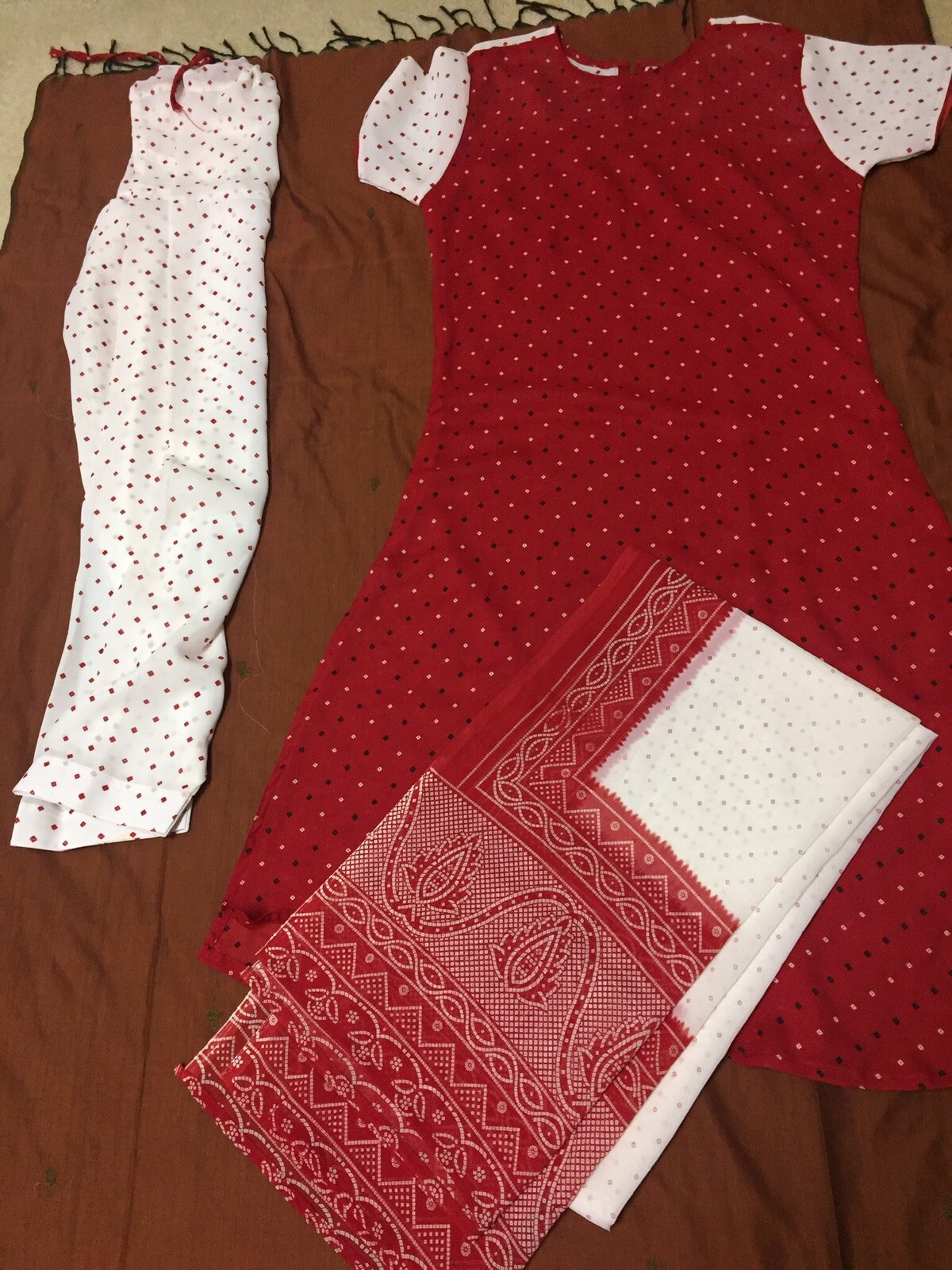 Red/White Polka dot Readymade Womens salwar kameez 3 piece set