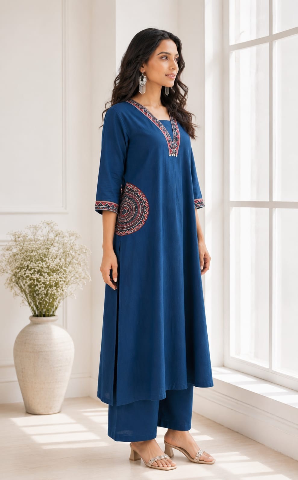 Ethnic motifs Thread work Cotton Kurta with Palazzo. Colour – Blue/Yellow/Red