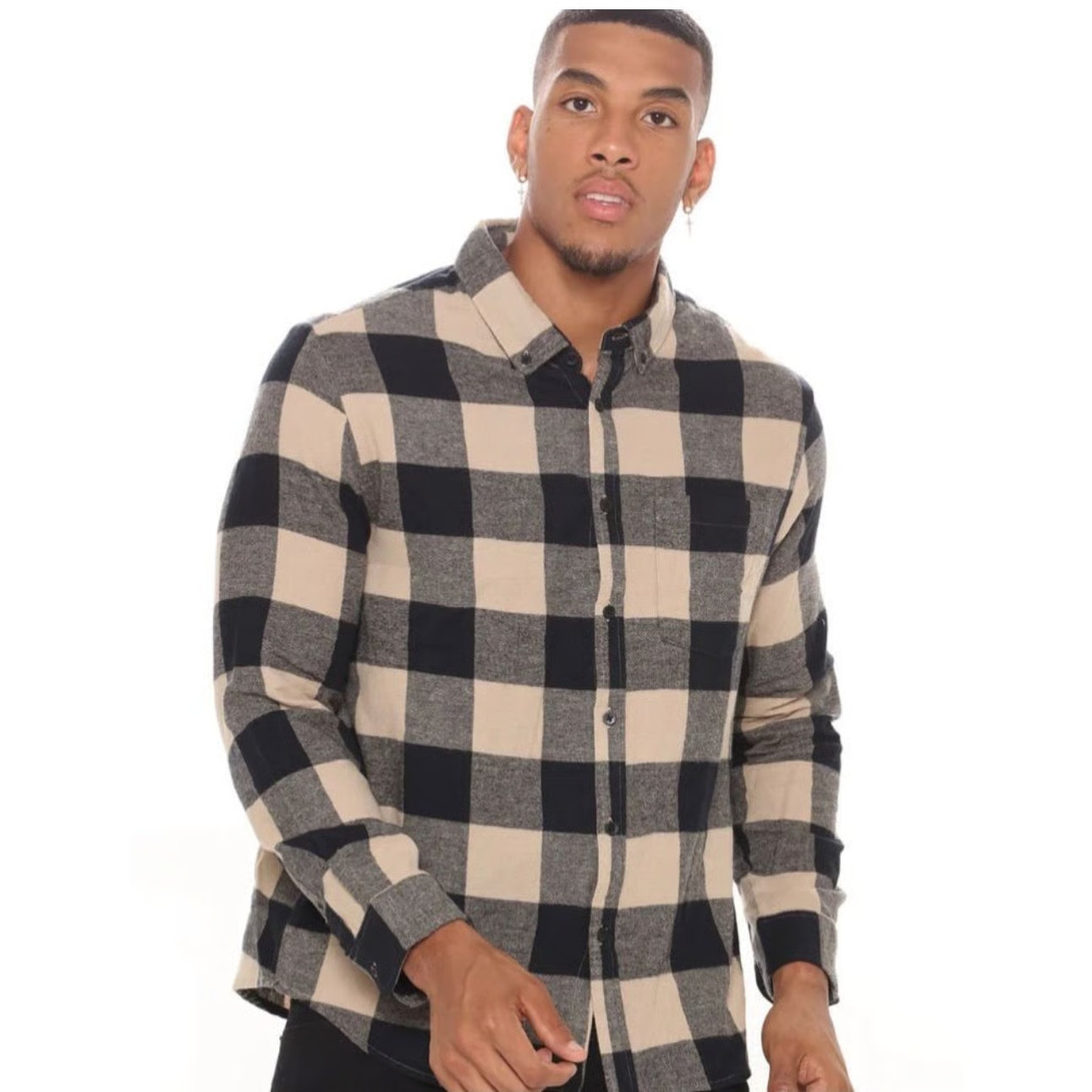 NEW Fashion Nova – Let’s Go Long sleeve black and khaki flannel plaid button up