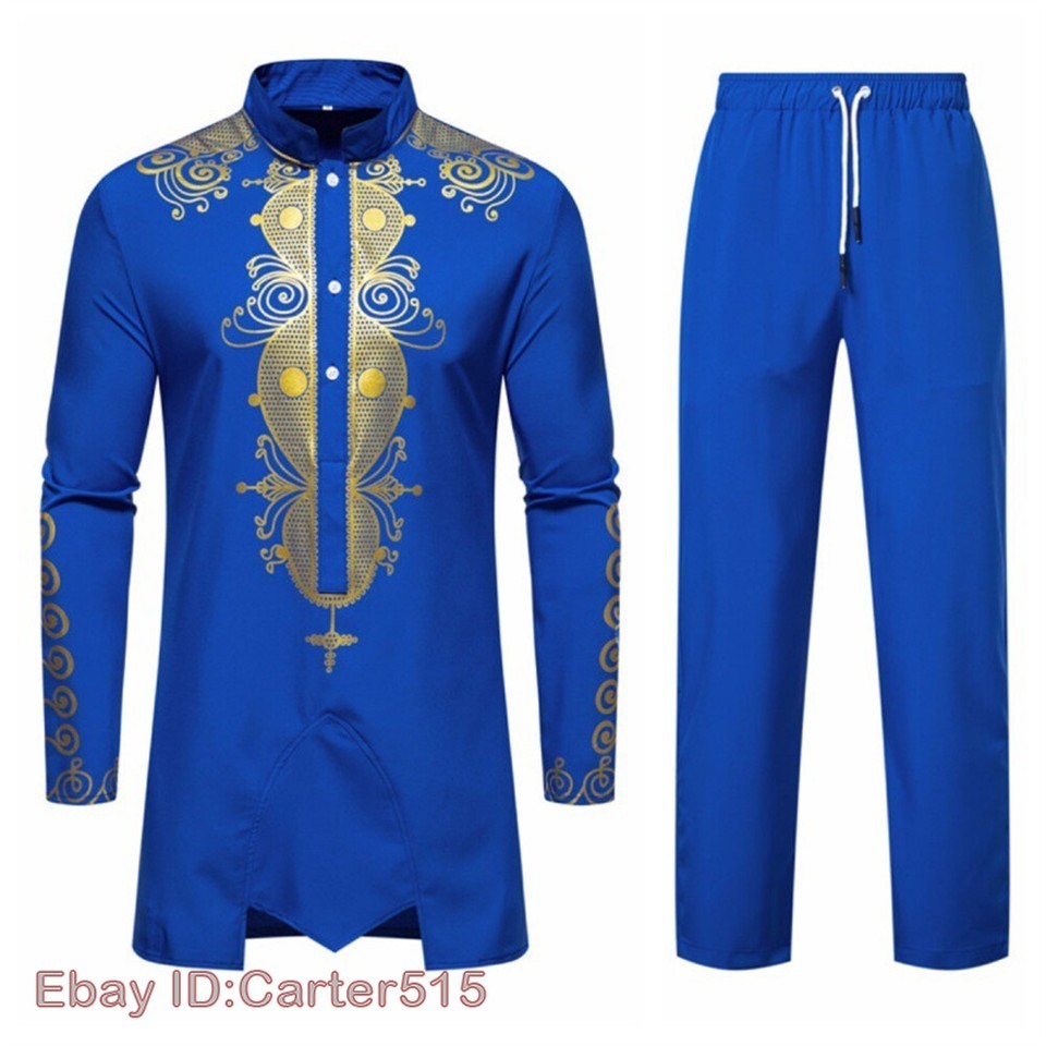 Men’s African 2 Piece Set Traditional Shirt and Pants Set Suit Middle East Suit