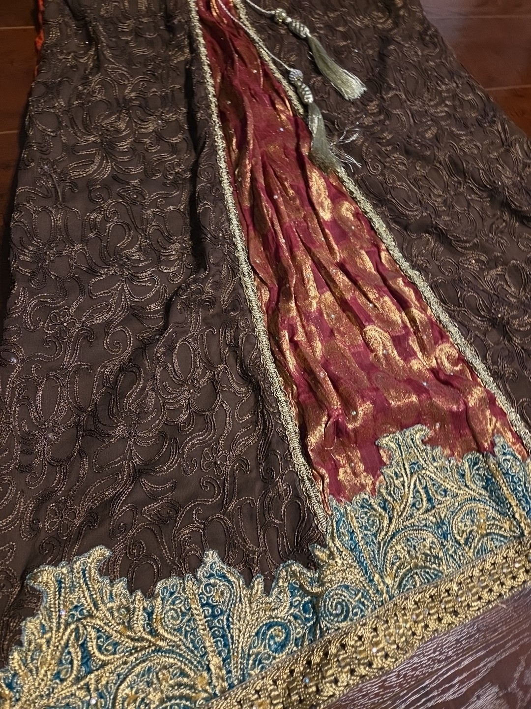 Womens Pakistani Long Embroidered Shirt Brown Green Red Banarsi Golden Tussle