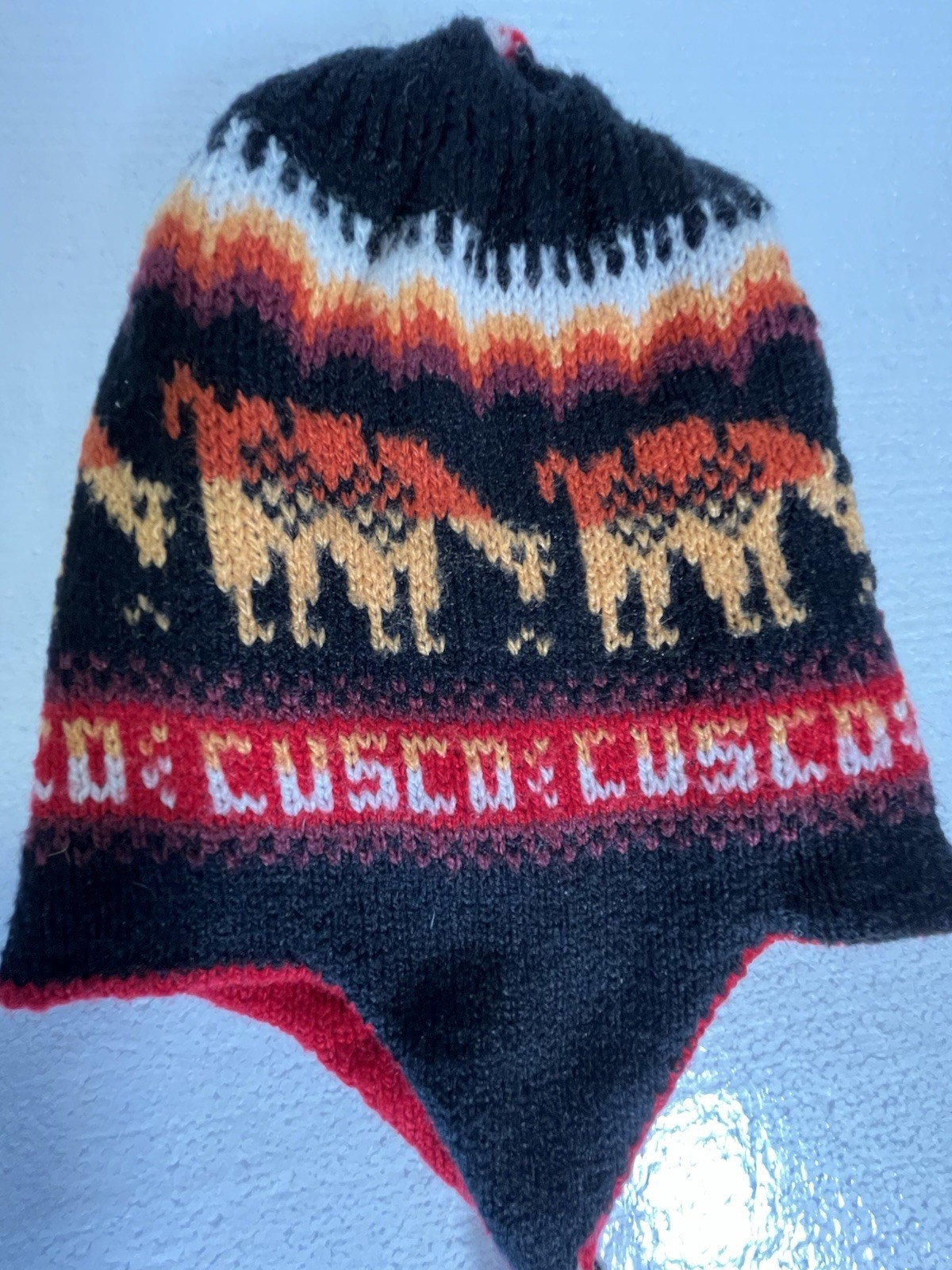 Handmade Peruvian Chullo Knit Hat Cusco Design Llama Motif Ear Flaps Acrylic