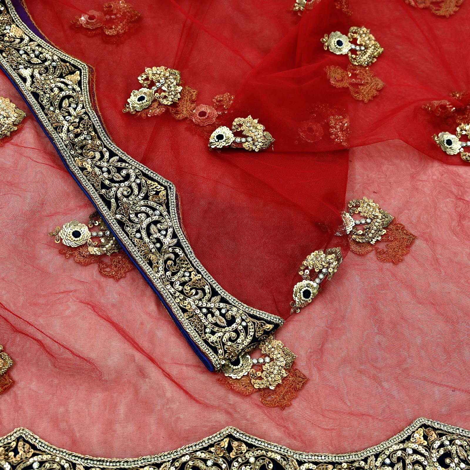 Indian Heavy Red Net Hand Embroidered Designer Anamika Khanna Lehenga 3pcs Set